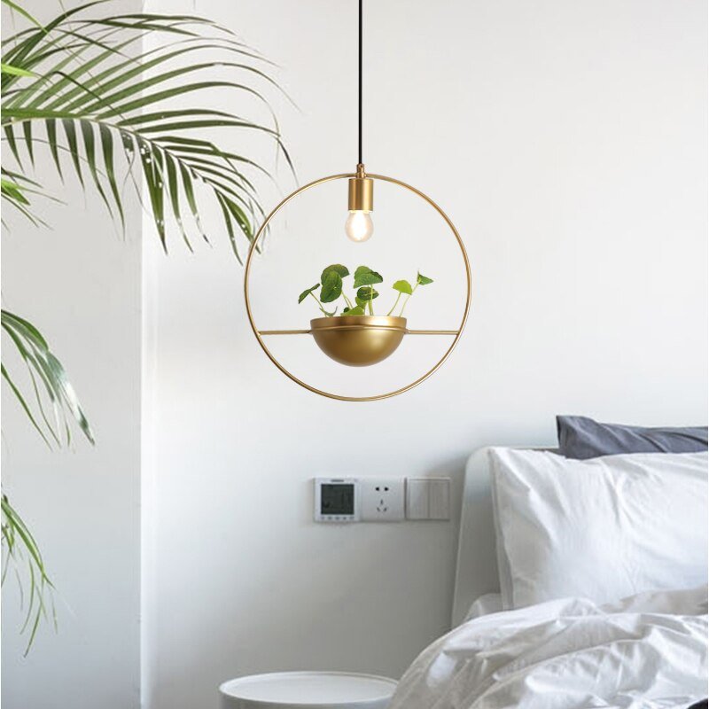 Modern Plant Pendant Lights Gold Iron Ring Hanging Lamp For Bedroom Dining Room Bar Decor Home E27 Loft Luminaire Suspension 3