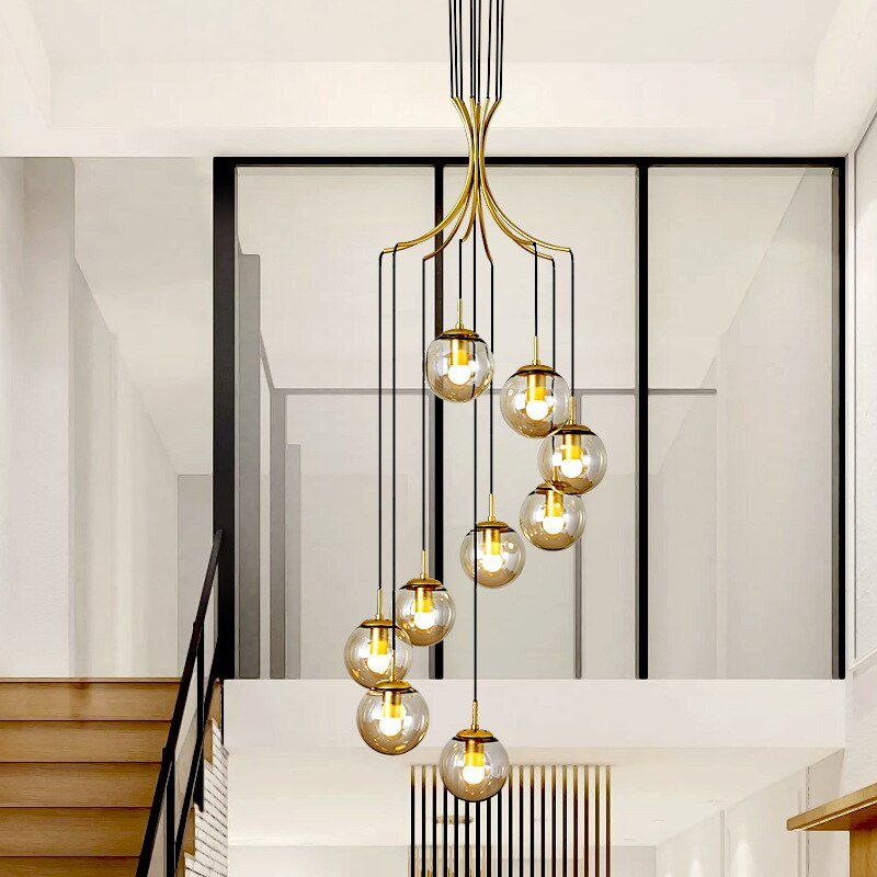 Modern Gold Pendant Lights Nordic Glass Stair Lights For Duplex Apartment Villa Living Room Loft Decor E27 Luminaire Suspension 2