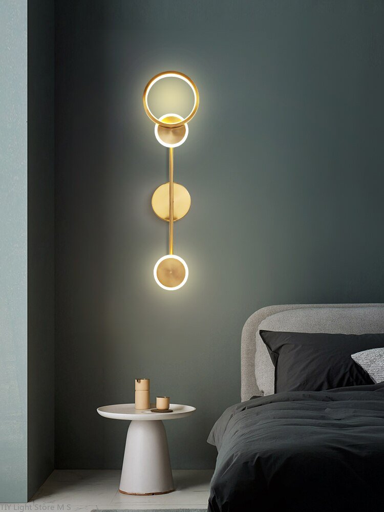 modern Nordic LED Bedside Luxury Art background Deco Copper round wall lamp Bedroom Living Room Loft Aisle Home Gold wall sconce 2