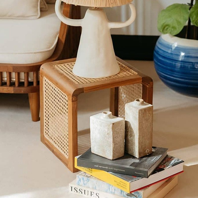 Wuli Nordic Square Side Table Solid Wood Tea Table Living Room Small Rattan Weave Japanese White Wax Wood Square Table 3