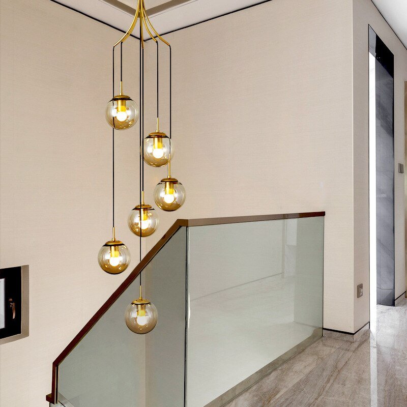 Modern Gold Pendant Lights Nordic Glass Stair Lights For Duplex Apartment Villa Living Room Loft Decor E27 Luminaire Suspension 3