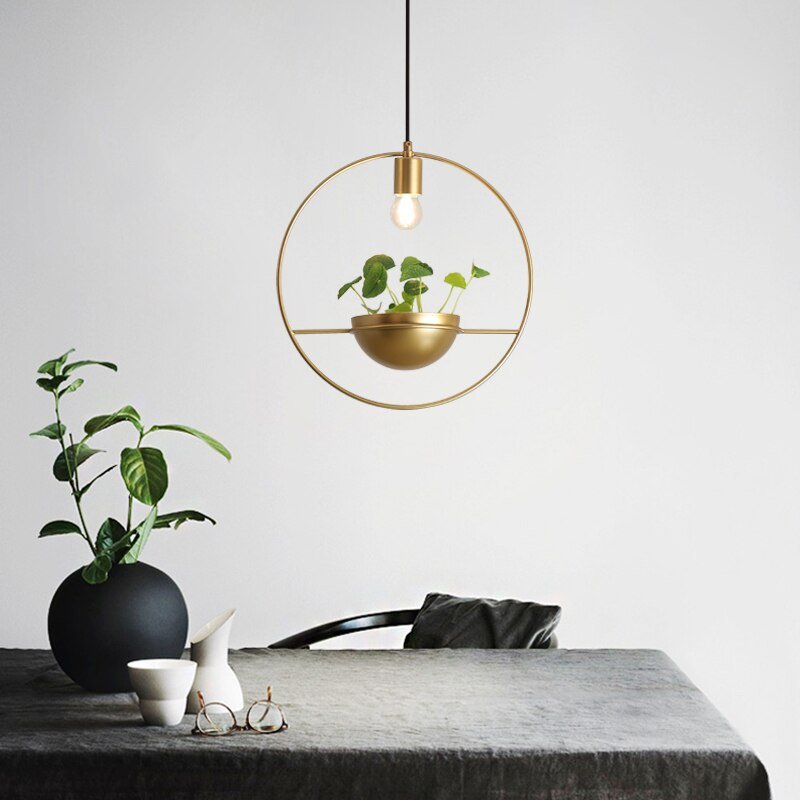Modern Plant Pendant Lights Gold Iron Ring Hanging Lamp For Bedroom Dining Room Bar Decor Home E27 Loft Luminaire Suspension 1
