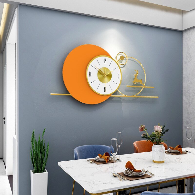 Deer Luxury Orange Wall Clock Living Room 3D Metal Creativity Silent Wall Clock Modern Design Reloj Pared Wall Decoration LL50WC 1