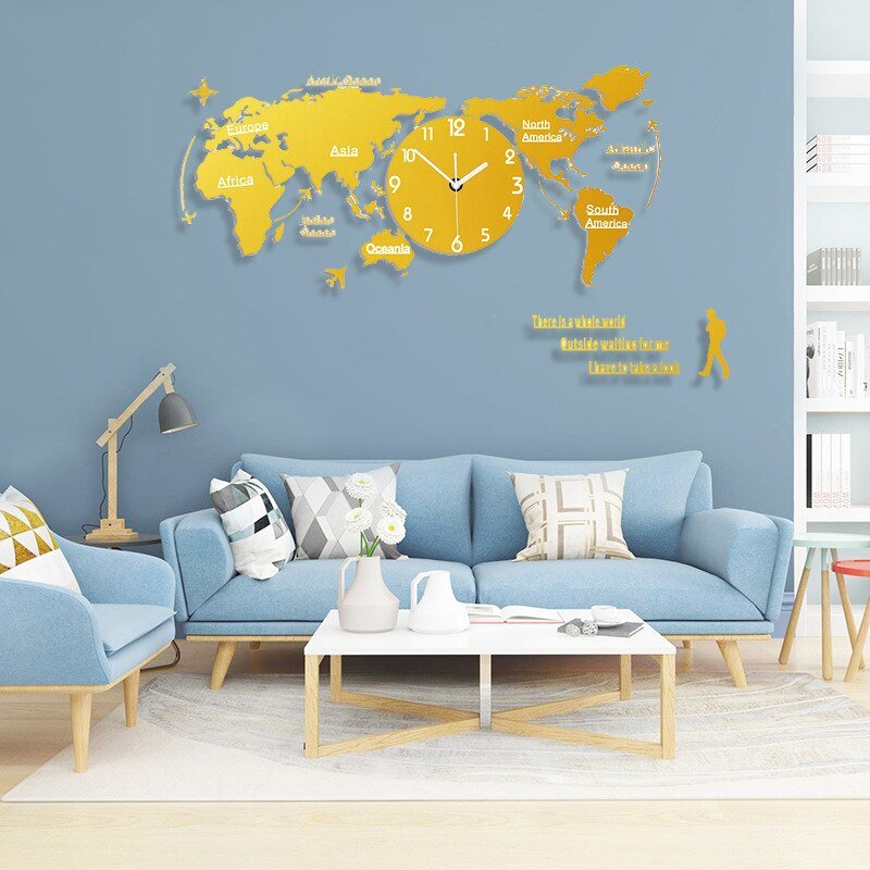 Nordic Creative Large 3d World Map Wall Clock Living Room Silent Gold Wall Clock Modern Design Zegar Scienny Home Decor LL50WC 2