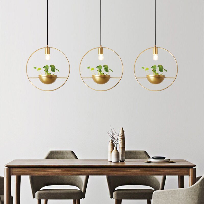 Modern Plant Pendant Lights Gold Iron Ring Hanging Lamp For Bedroom Dining Room Bar Decor Home E27 Loft Luminaire Suspension 2