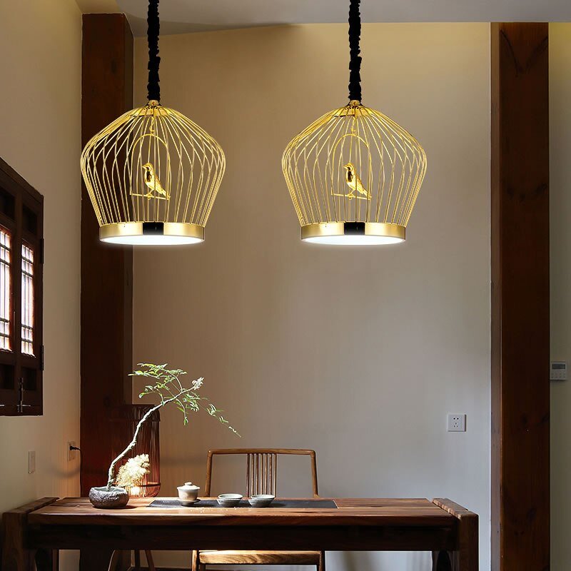 New Chinese Led Pendant Light Gold Iron Birdcage Hanglamp For Dining Room Bedroom Restaurant Bar Decor Loft Luminaire Suspension 2
