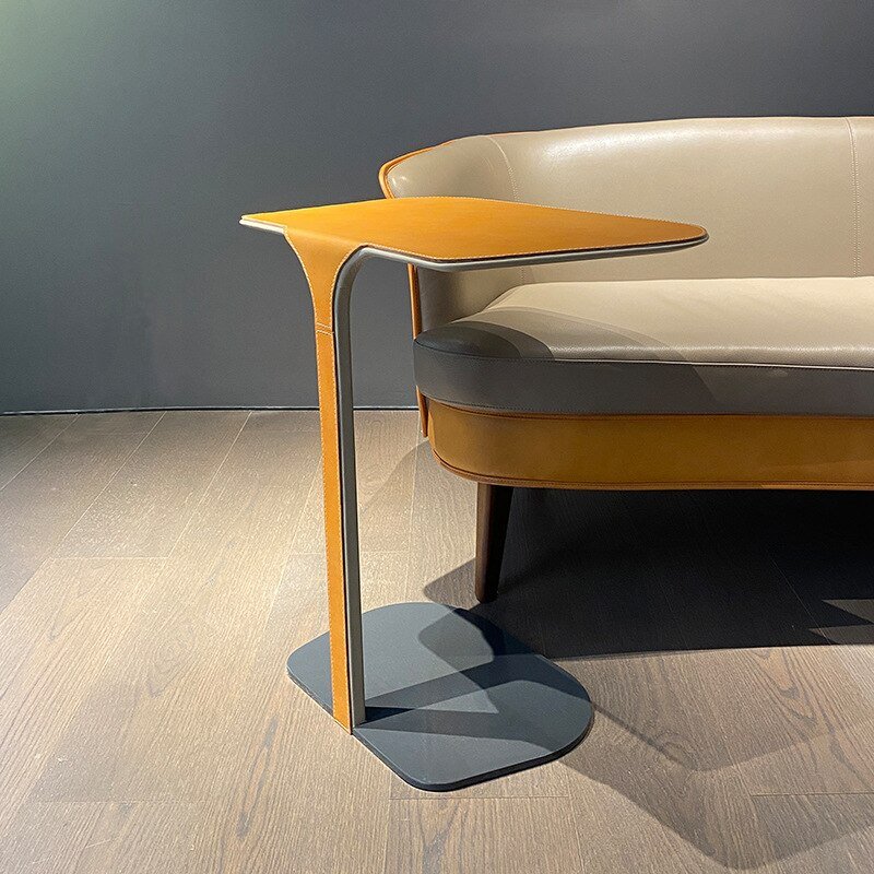 Wuli Italian Light Luxury Wrought Iron Side Table Minimalist Designer Orange Saddle Leather Square Metal Side Table 6