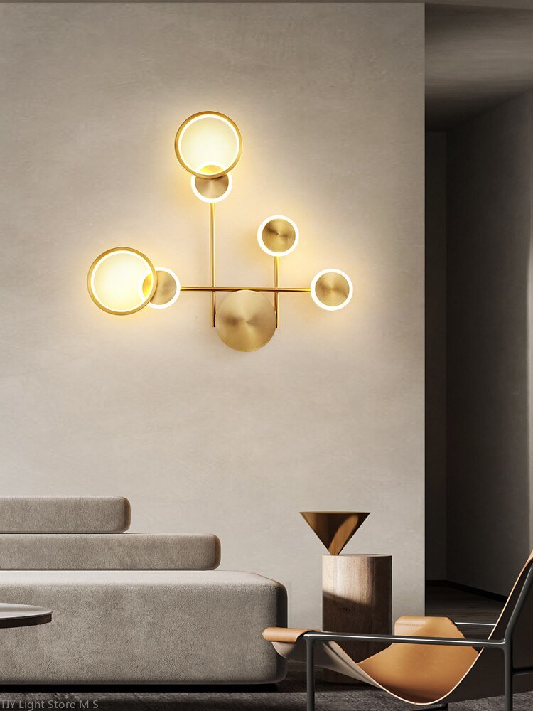 modern Nordic LED Bedside Luxury Art background Deco Copper round wall lamp Bedroom Living Room Loft Aisle Home Gold wall sconce 3