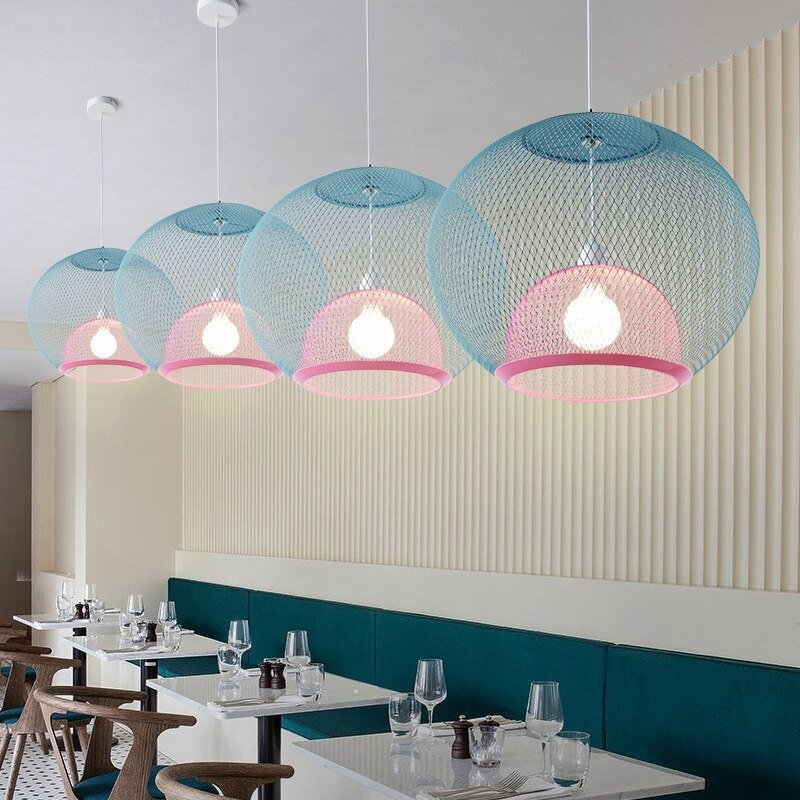 Nordic Iron Cage Grid E27 Pendant Light Modern Macarons Pendant Lamp Restaurant Cafe Shop Room Indoor Decor Lighting Fixtures 2