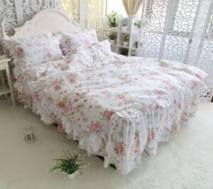 Ruffles Floral Princess Bedding Set 4 Pieces White Colorful Flowers Duvet Cover Bedskirt set 100%Cotton Ultra Soft All Season 1