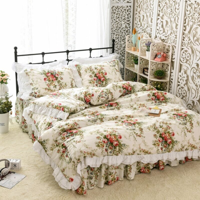 Vintage Floral Bedding Duvet Cover Sets Twin Queen King Kids Girls Bedding Sets 100% Cotton Ruffles Flower Bedding Bedskirt set 2
