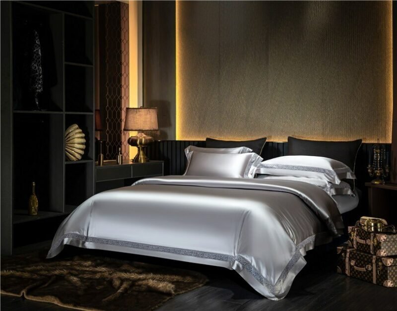 104X91"Cal King size Satin and Cotton Silver Bedding set 4/6Pcs King Queen Luxury Rich Silky Duvet Cover Bed Sheet Pillow shams 2