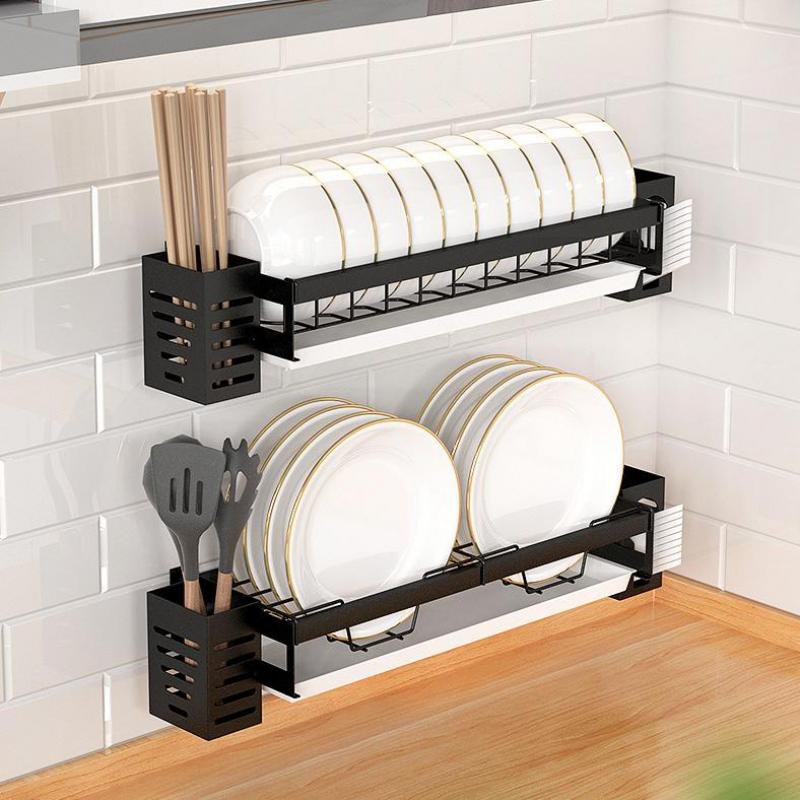 Dish Drainer Suspended Wall Drying Rack Kitchen Sink Organizer Bowl Plate Tableware Storage Shelf with Cutlery Holder Black 1