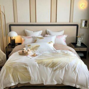 Chic Feathers Embroidery Duvet Cover Set Golden Pink Bird Feathers 1000TC Egyptian Cotton Bedding Set with Bed Sheet 2Pillowcase 1
