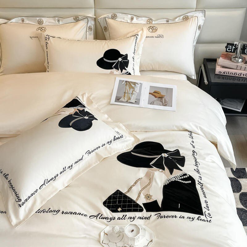 4Pcs Luxury Embroidery Black Design Premium 1000TC Egyptian Cotton Ultra Soft Silky White Duvet Cover Bed Sheet Pillowcases 3