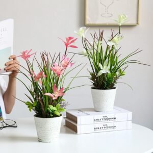34cm Artificial Plants Potted Fake Orchid Flower Bonsai Plastic Leafs With Pot Desktop Crafts False Grass For Home Balcony Decor 1