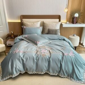Floral Blossom Blue Green Duvet Cover 1000TC Egyptian Cotton Chic Embroidery Lace Bedding Sheet Pillowcases Double Queen King 1