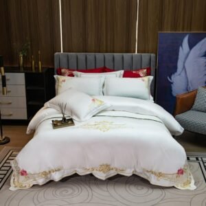 Chic Vintage Gold Embroidery Duvet Cover Set High End  Soft 600TC Egyptian Cotton White Red Bedding set Bed Sheet 2 Pillow shams 1