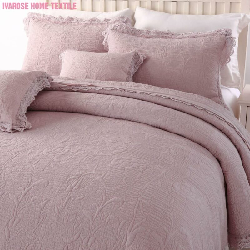 Luxury Dusty Pink and Gray Floral Pattern Quilted Cotton Bedspread Queen 3Pcs Chic Lace Edge Coverlet Pillow shams Bedding set 2
