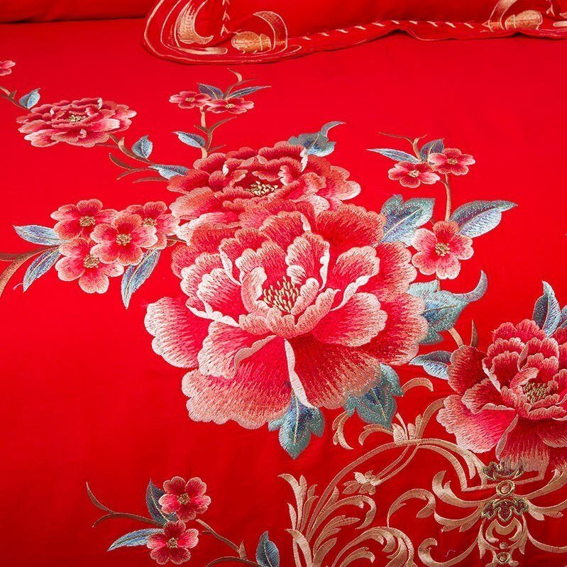 4/6/8/10Pcs 100%Cotton Red Pink Duvet Cover Set King Queen Luxury Embroidery Floral Love You Wedding Bedding Bedsheet Pillowcase 3