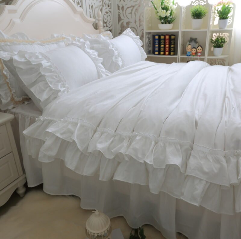 Shabby Solid color Duvet Cover Bedskirt Pillow shams 4Pcs 100%Cotton Twin Queen King size Girls Ruffled White Bedding set 2