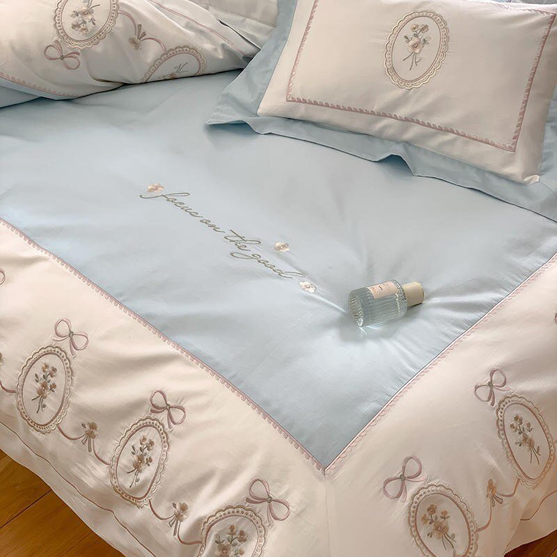 Chic Embroidery Blue White Patchwork Girls Elegant Duvet cover Bed Sheet 2Pillow shams 1000TC Egyptian Cotton 4Pcs Bedding set 3