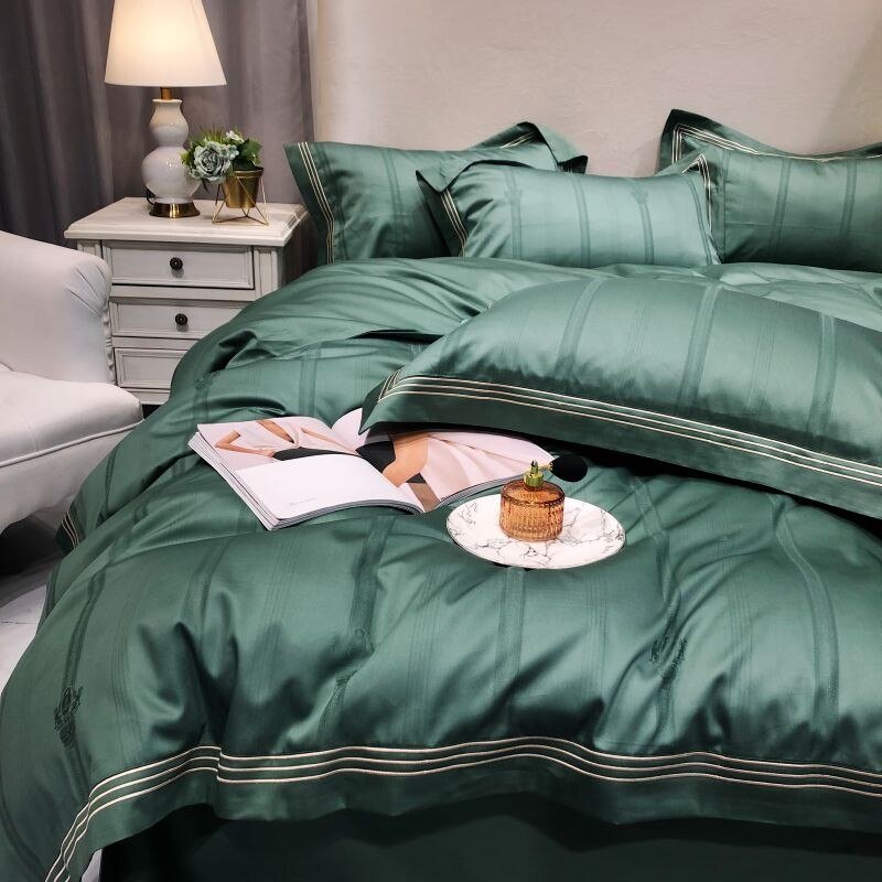 Embroidered Frame Chic Jacquard Duvet Cover Bed Sheet Pillowcases 1000TCEgyptian Cotton Green Bedding set Double Queen King 4Pcs 3