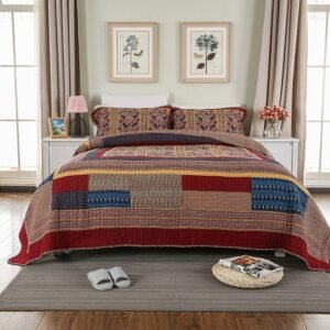 Country style 100%Cotton Handmade Patchwork Bedspread Sets Quilt Blanket 3 Pieces King size Bedspread Pillow shams Ultra Soft 1