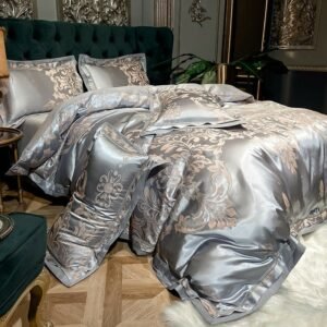 Silk Sateen Cotton Delicate Jacquard Duvet Cover Champagne Silver Silky Soft Bedding Set 1 Bed sheet1 Duvet Cover 2 Pillowcases 1