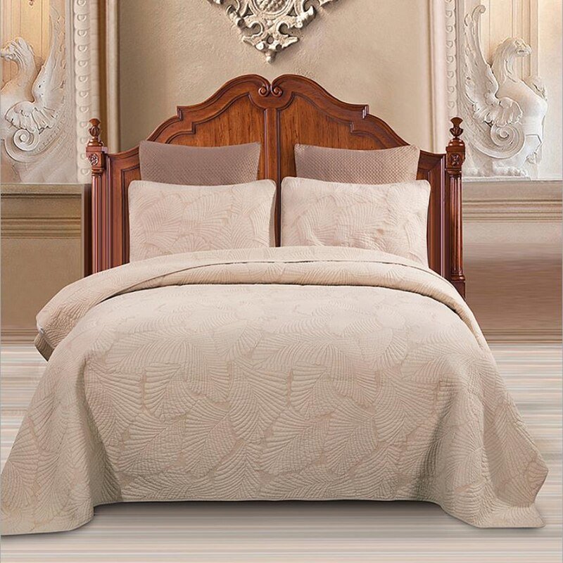100% Cotton Quilted Bed Spread Set Pillow shams Queen size Embroidery Chic Leaves Pattern Solid Bedspread Bedding Coverlet set 3