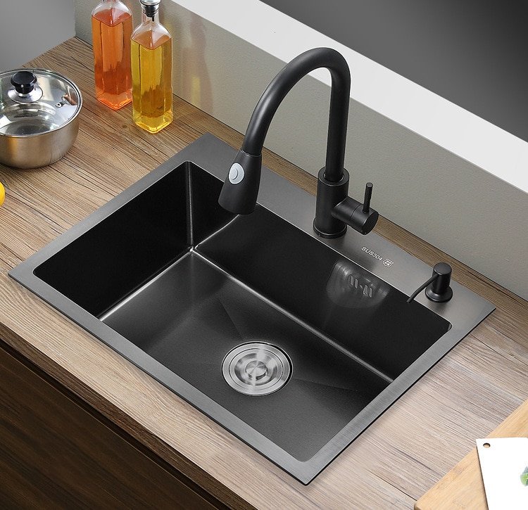 Kitchen Sink Black Nano Sink Single Bowl Wash Basin Bowl Kitchen Accessories Drain Set 304 Stainless Steel Topmount/Undermount 1