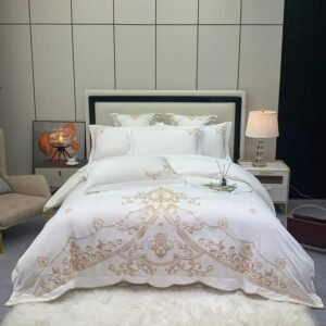 4Pcs Sateen Cotton Smooth Duvet Cover Set Luxury Embroidery Bedding Set Duvet Cover Flat sheet 2 pillowcases Double Queen King 1