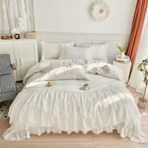 White Duvet Cover with Exquisite Ruffles Elegant Double Layers Lace Fringe Premium Egyptian Cotton Bedding Bed Sheet Pillowshams 1