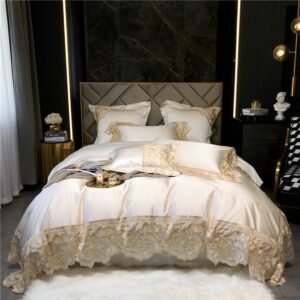 Chic Flowers Wide Lace Duvet Cover Satin+Egyptian Cotton Beige Pink Bedding Comforter Cover Bed Sheet Ultra Soft Silky 4/7Pcs 1