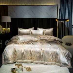 Silver Gold Luxury Silk Satin Damask Jacquard Cotton Bedding Set 4Pcs Silky Soft Embroidery Duvet Cover Bed Sheet Pillowcases 1