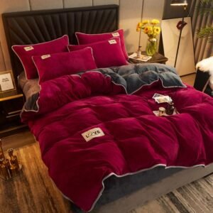Velvet Flannel 3/4PCS Twin Queen King Reversible Bed Blanket Comforter Cover Set Bed Sheet Pillowcases Plush and Warm for Winter 1