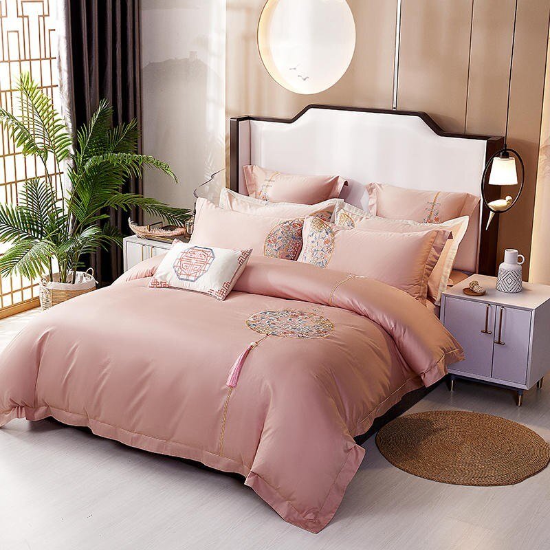 Chinoiserie Vintage Chic Embroidery Tassels Pink Duvet Cover 100%Long Staple Cotton Ultra Soft Bedding Set Bed Sheet Pillowcases 4