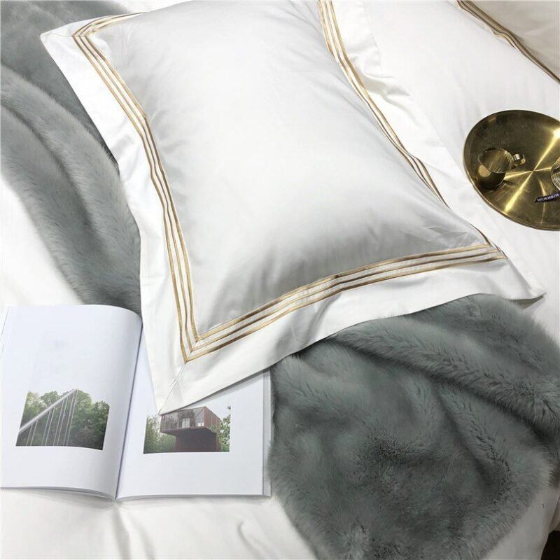 1000TC Egyptian Cotton Gold Embroidery Linens Duvet Cover set White Grey Sateen Hotel Bedding set Bed Sheet King Queen size 4Pcs 4