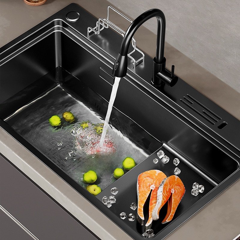Nano Kitchen Sink Stainless Steel Black Handmade Stepped Single-slot Wash basin Bowl Large Topmount Undercounter Sink Drain Set 2
