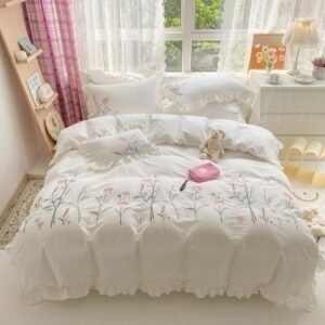 White Flowers Embroidery Duvet Cover Set Double Queen King 100%Cotton Elegant Girls Cottage Zip Bedding Set Bed Sheet Pillowcase 1