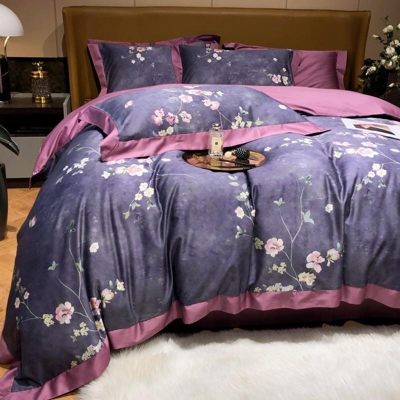 Spring Bloom Floral Bedding Set 1000TC Long Staple Cotton Silky Soft Full/Queen 4Pcs Duvet Cover Set  Bed Sheet Pillow shams 3