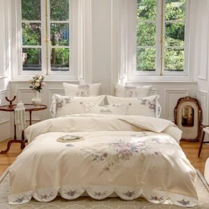 4Pcs Chic Rose Blossom Embroidery Duvet cover 1000TC Egyptian Cotton Patchwork Blue White Bedding set 1 Bed Sheet 2 Pillow shams 1