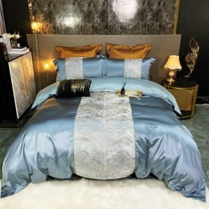 Heavyweight Chic Embroidery Satin Silky Duvet Cover Set Cotton Bedspread Luxurious Blue Golden Bedding Set Bed Cover Pillowcases 1