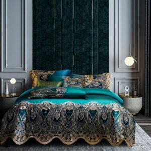 Elegant Green Silky Satin Egyptian Cotton Duvet Cover set Italy Luxury Chic Lace Bedding Set Cotton with Bed Sheet Pillowcases 1