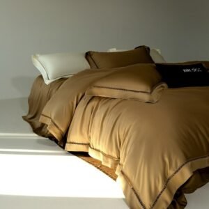 4Pcs 100%Eucalyptus Lyocell Ultra Soft Cooling Bedding set Coffee Gold Plain Chic Hollow Patchwork Duvet cover Sheet Pillowcases 1