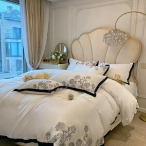 1000TC Egyptian Cotton White Black Duvet Cover Set 4Pcs Elegant Rose Flowered Chic Embroidered Bedding set Bed Sheet Pillowcases 1