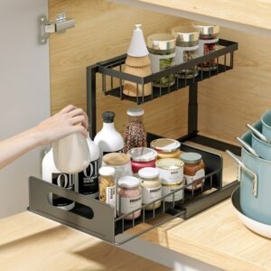 2 Tier Multifunction Under Sink Shelf with Sliding Drawer Kitchen Storage Basket Organizer Counter Spice Seasoning Rack Cabinet 1