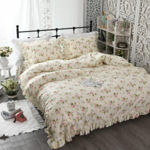 4 Pieces Beige Pink Rufflers Duvet Cover Bedskirt Set 160x200cm Bedding Set Colorful Flowers Pastoral Style Twin Queen King size 1