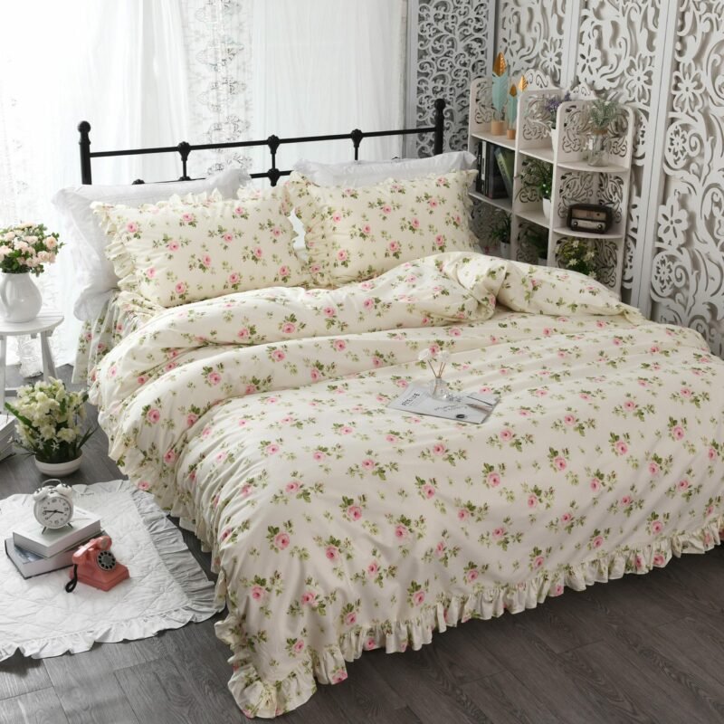 4 Pieces Beige Pink Rufflers Duvet Cover Bedskirt Set 160x200cm Bedding Set Colorful Flowers Pastoral Style Twin Queen King size 1