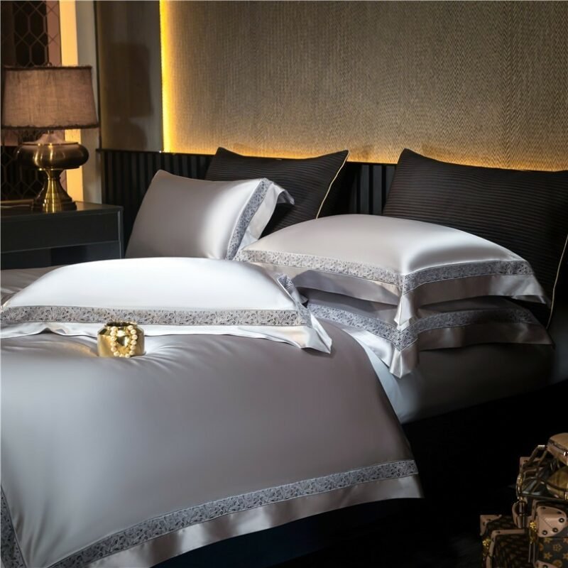 104X91"Cal King size Satin and Cotton Silver Bedding set 4/6Pcs King Queen Luxury Rich Silky Duvet Cover Bed Sheet Pillow shams 3